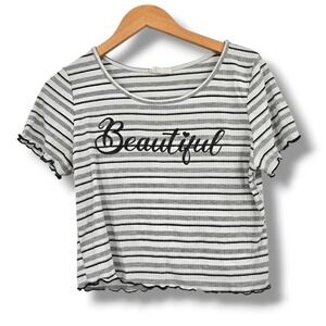 Rebel Society Women Striped Beautiful Graphic Lettuce Trim Ribbed Crop Top Large